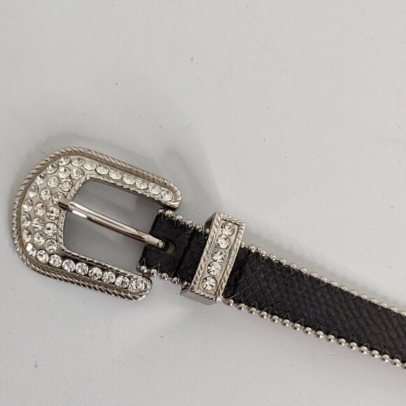 VTG Cache Black Pebbled Leather Rhinestone Silver Trim Buckle Western Belt - Picture 3 of 6